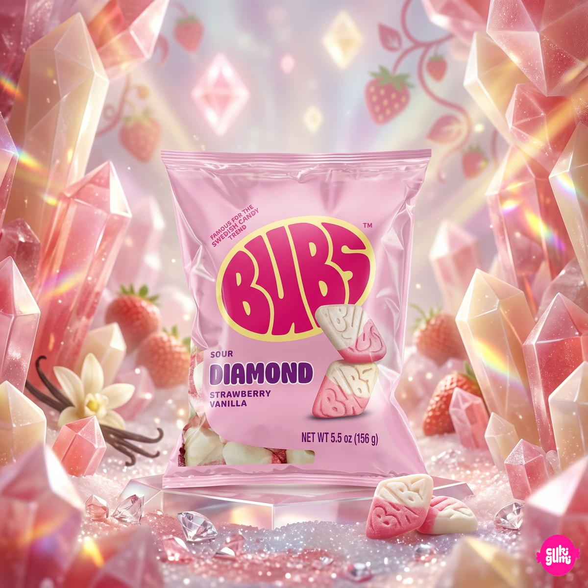 BUBS Sour Diamond Strawberry Vanilla 156 g – Savanyú Eper-Vanília Gyémánt Gumicukor (Vegán)