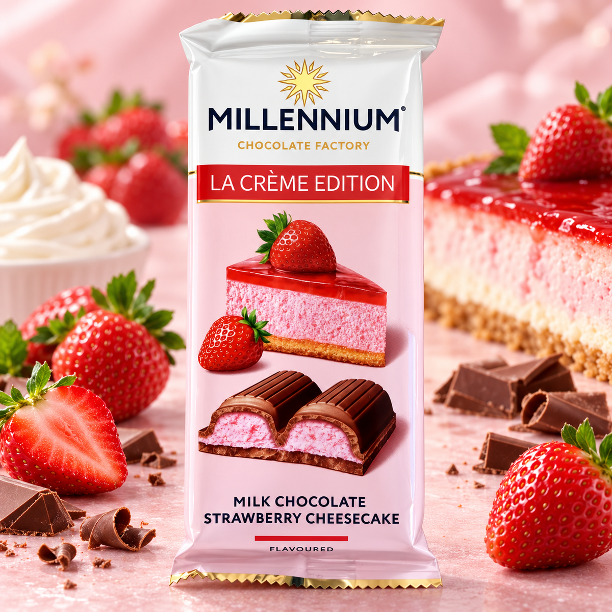 Millennium La Crème Edition Strawberry Cheesecake 100 g – Epres sajttorta ízű krémmel töltött tejcsokoládé