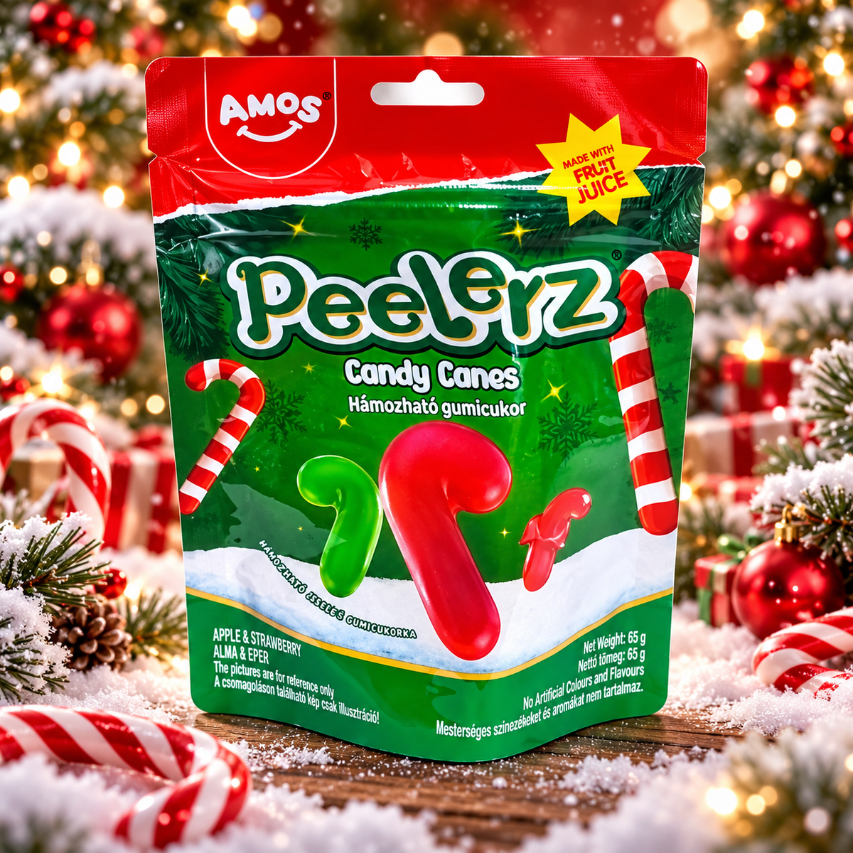 AMOS Peelerz Christmas Candy Canes – Hámozható alma- és eperízű karácsonyi gumicukor 65 g