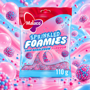 Malaco Sprinkled Foamies Sour Bubblegum – Savanyú rágógumi ízű habcukor 110 g