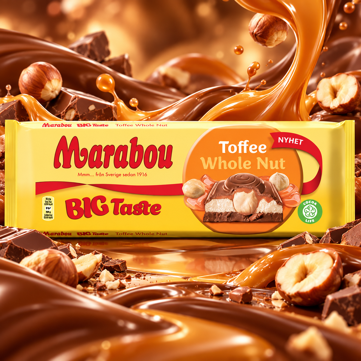 Marabou Big Taste Toffee Whole Nut – Karamellás tejkrémmel és egész mogyoróval töltött tejcsokoládé 300 g