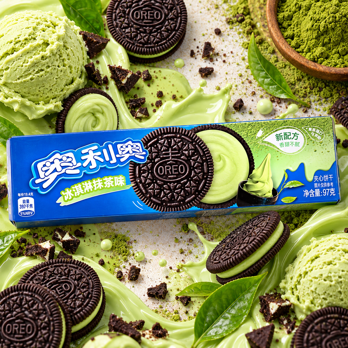 Oreo Ice Cream Matcha – Matcha fagylalt ízű töltött kakaós keksz 97 g