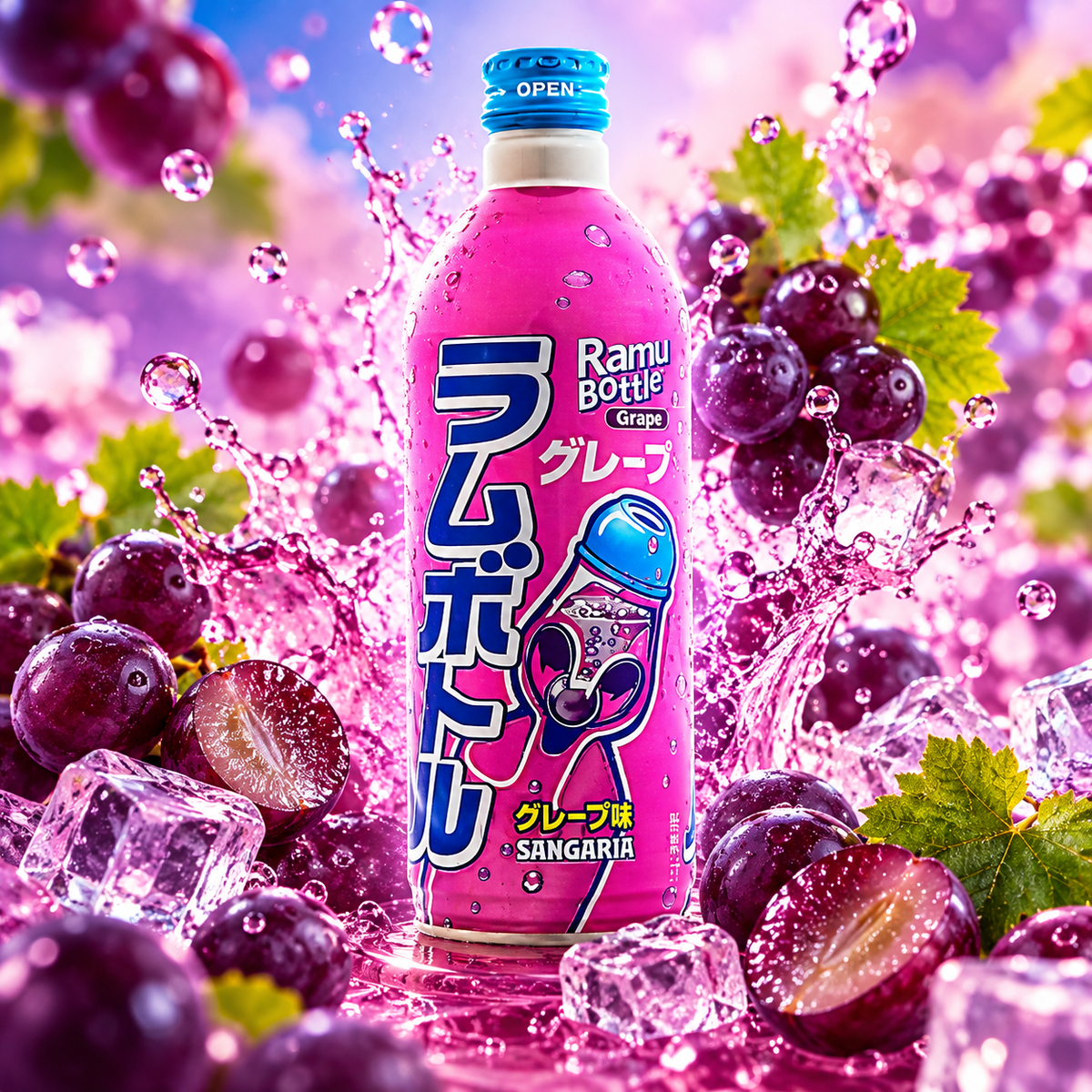 Sangaria Ramu Soda Grape 500 ml – Szőlőízű japán szénsavas üdítőital – lejárat: 2027.05.31.