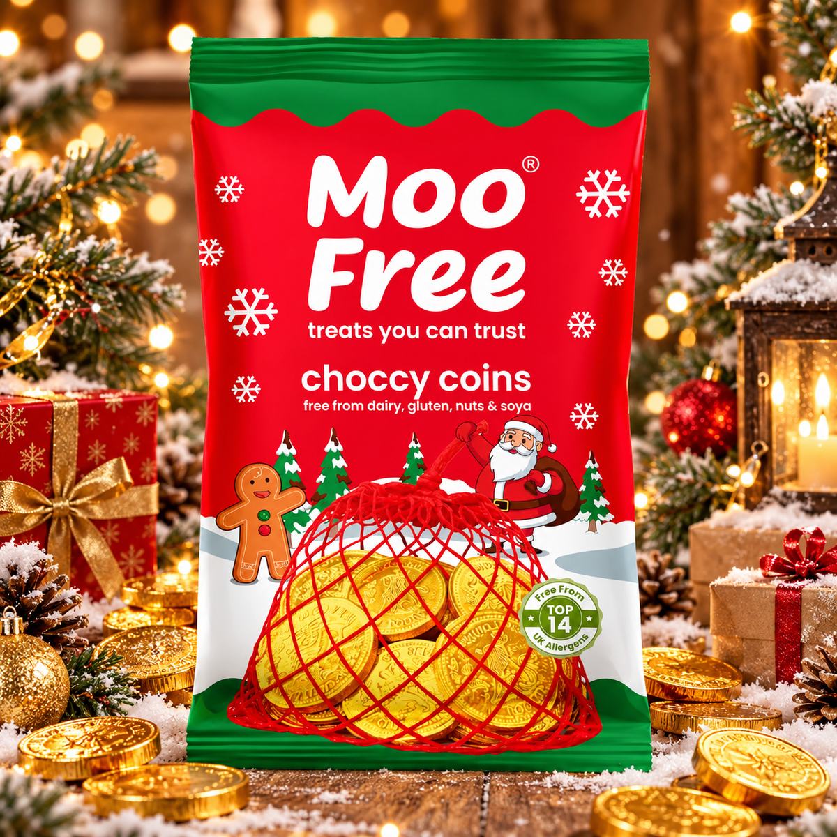 Moo Free Karácsonyi tejmentes csokoládé érmék 49 g